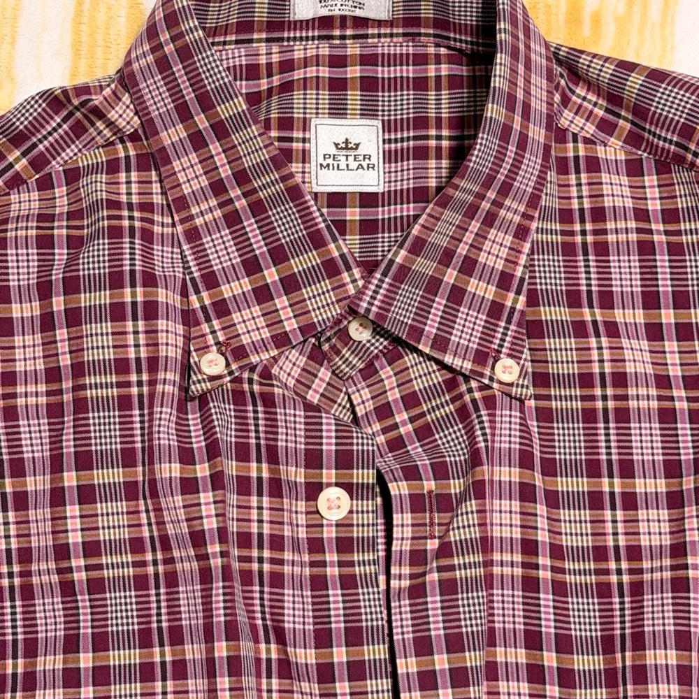 Peter Millar Men's Long Sleeve Cotton Button-Up Size Large Burgundy Pink Plaid